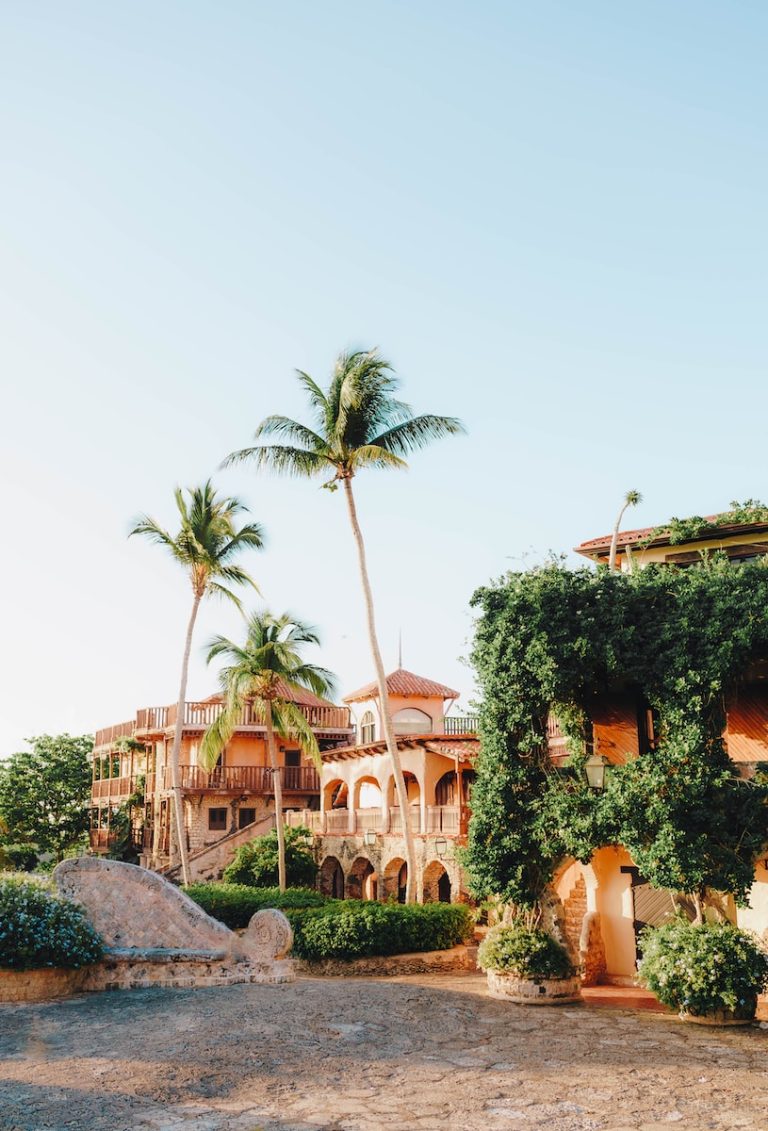 a large house with palm trees in front of it